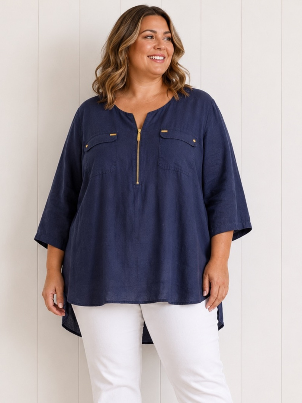 Ellen Tracy 100% Linen Tunic Navy Gold Zip Roll Tab Sleeve Plus Size 2X Coastal